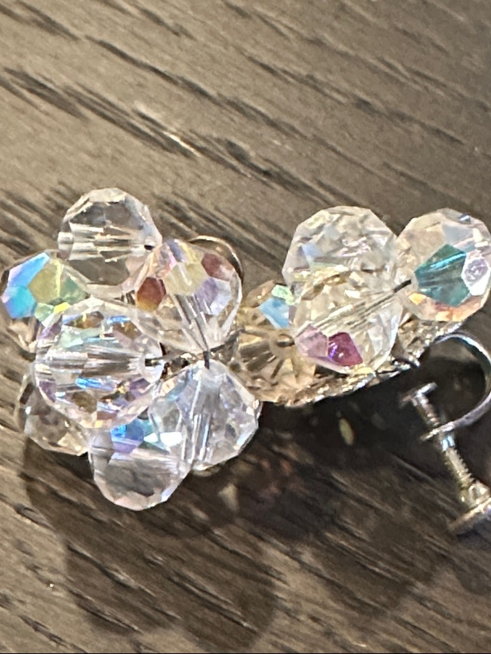 Crystal Cluster Clip-On Earrings - Clear Aurora Borealis 1950s-1960s